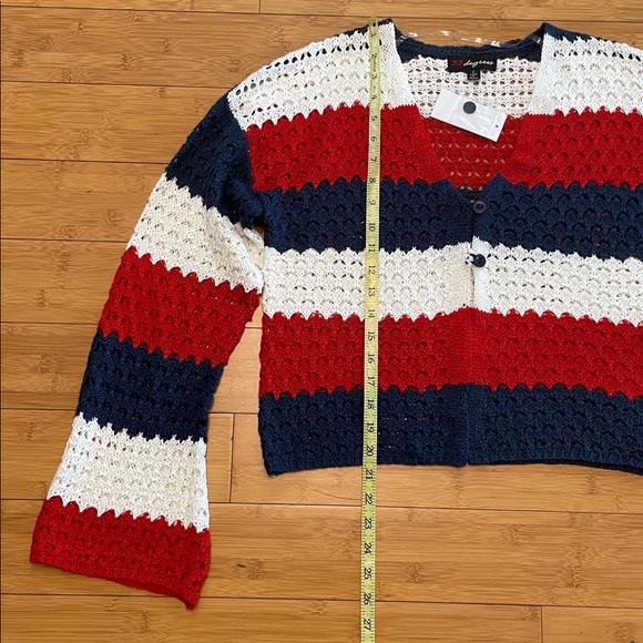 33 Degrees Americana Crochet Striped Cardigan Small Long Flare Sleeve V Neck - Picture 12 of 12